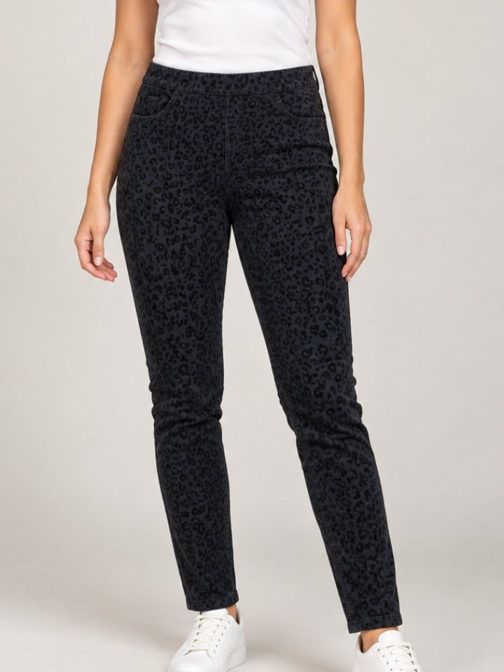 HUE Womens L Navy Blue Leopard Animal Print Stretch Skinny Pull-On Pants 4Pocket